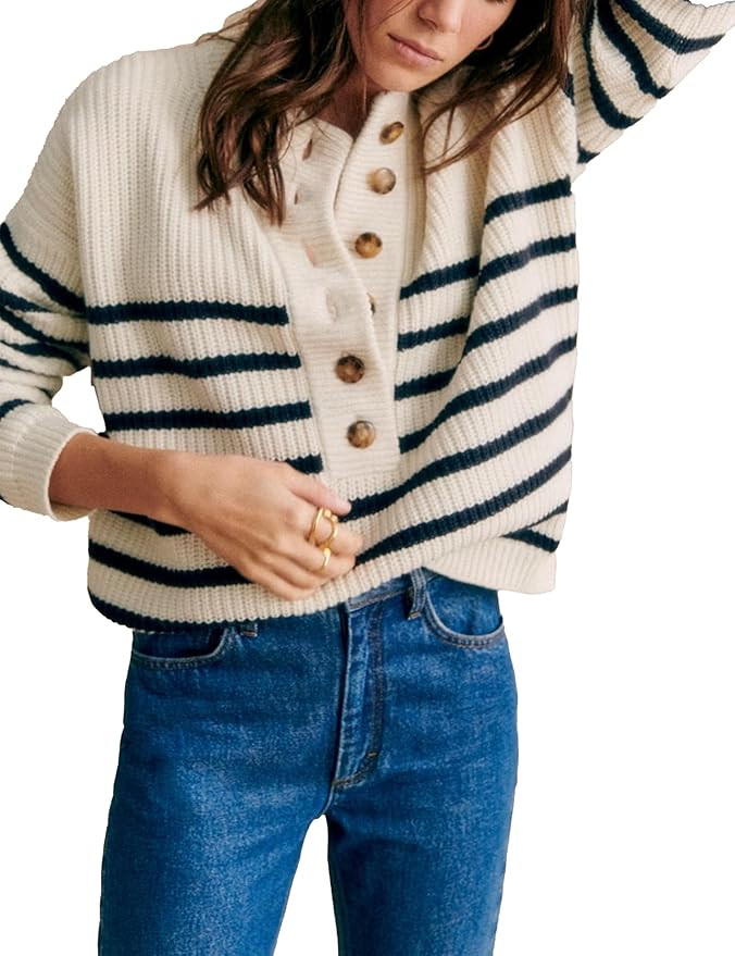 Womens Casual Long Sleeve Sweaters Buttons V Neck Ribbed Knit Pullover Outfits | Amazon (US)