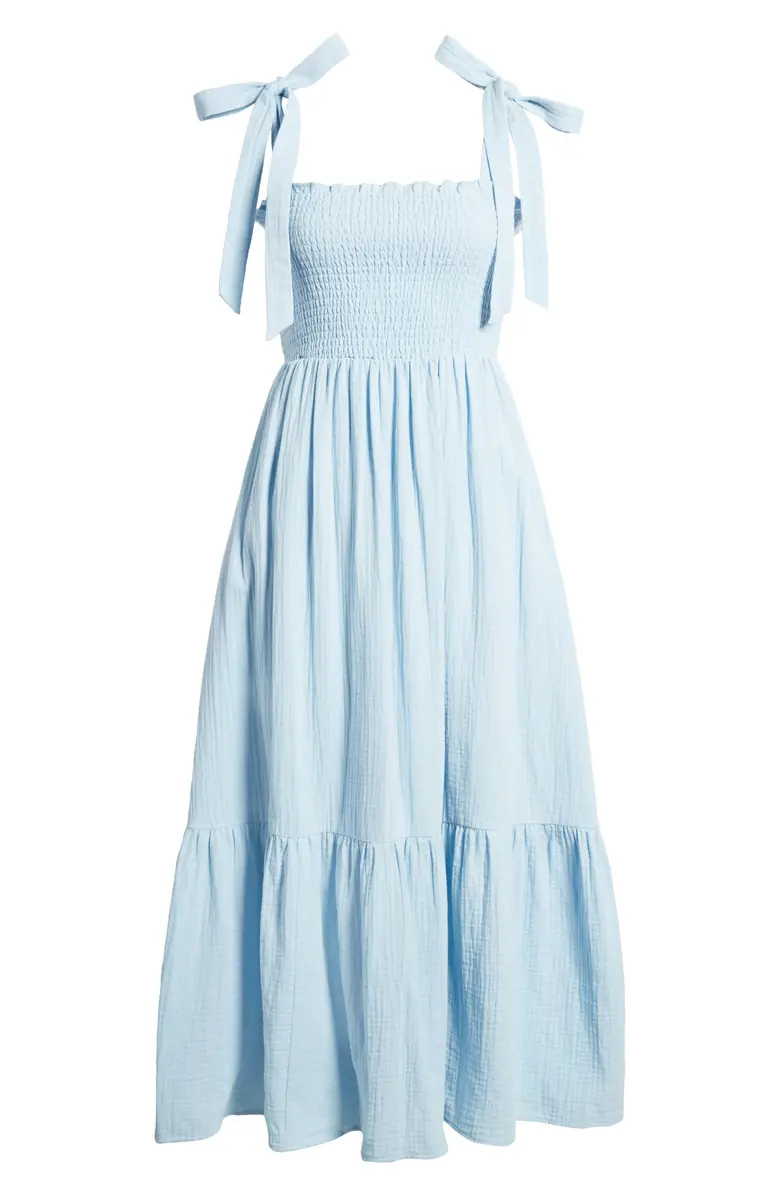 Smocked Tie Strap Cotton Gauze Midi Sundress | Nordstrom