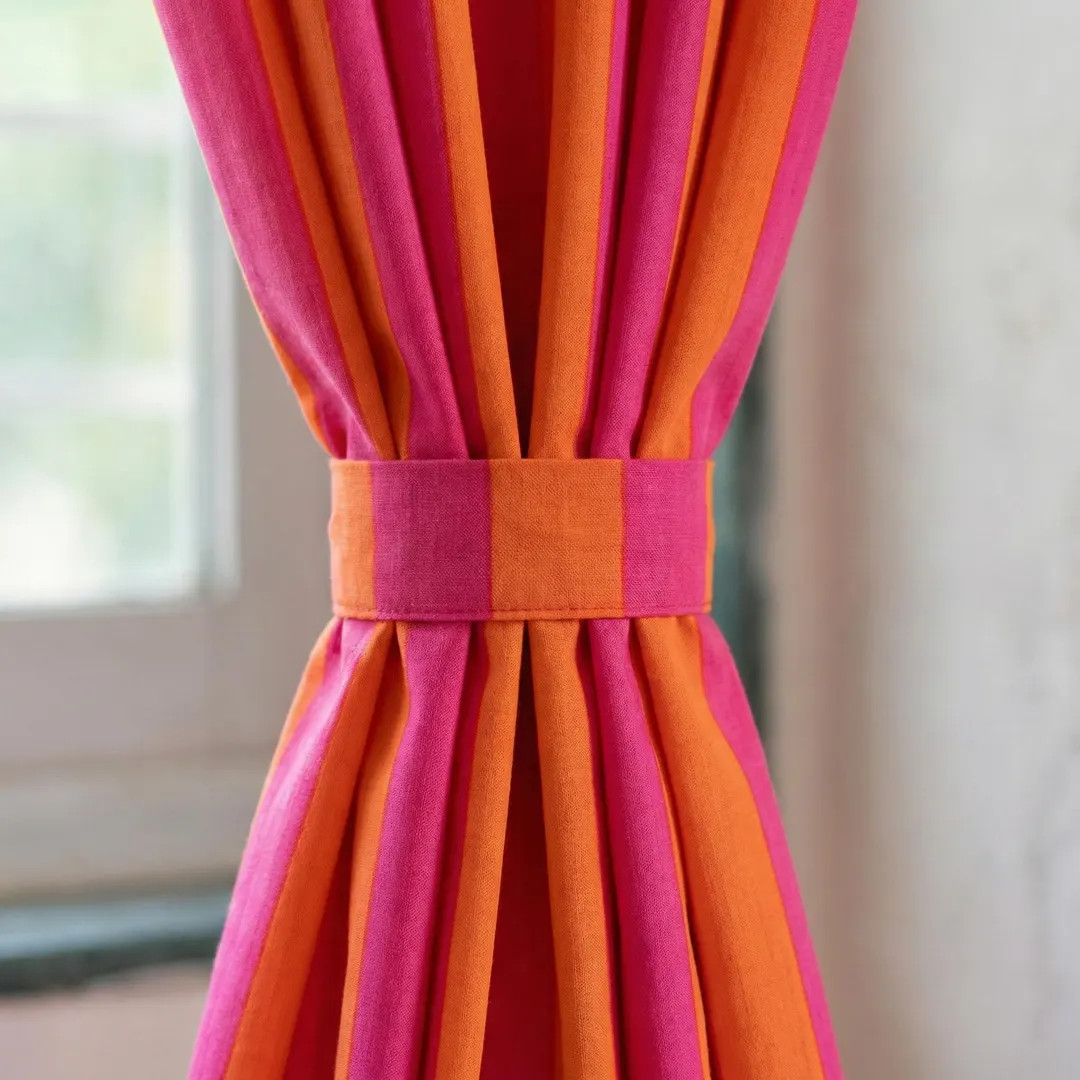 Pink Orange Striped Curtains, Hand Block Print, Organic Cotton Drapes | Etsy (Global)