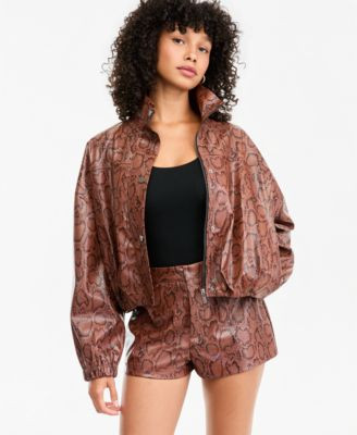 Bar Iii Women's Snake-Print Cropped Lightweight Bomber Jacket, Macy's Exclusive - Brown Snake | Macy's