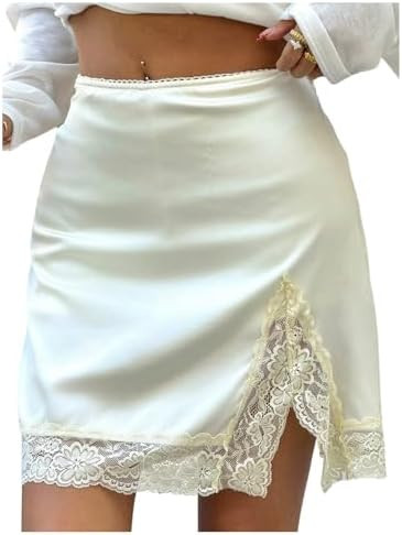 MakeMeChic Women's Lace Trim Mini Skirt Split Hem Bodycon Short Party Club Skirts | Amazon (US)