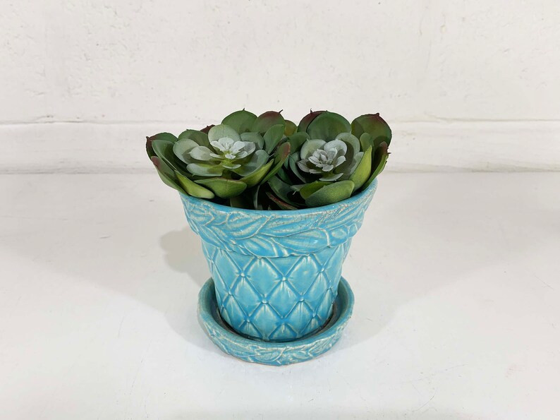 Vintage Mccoy Blue Green Planter Quilted Leaves Brush Attached Saucer Mid-century Pottery Pot Mad... | Etsy (US)