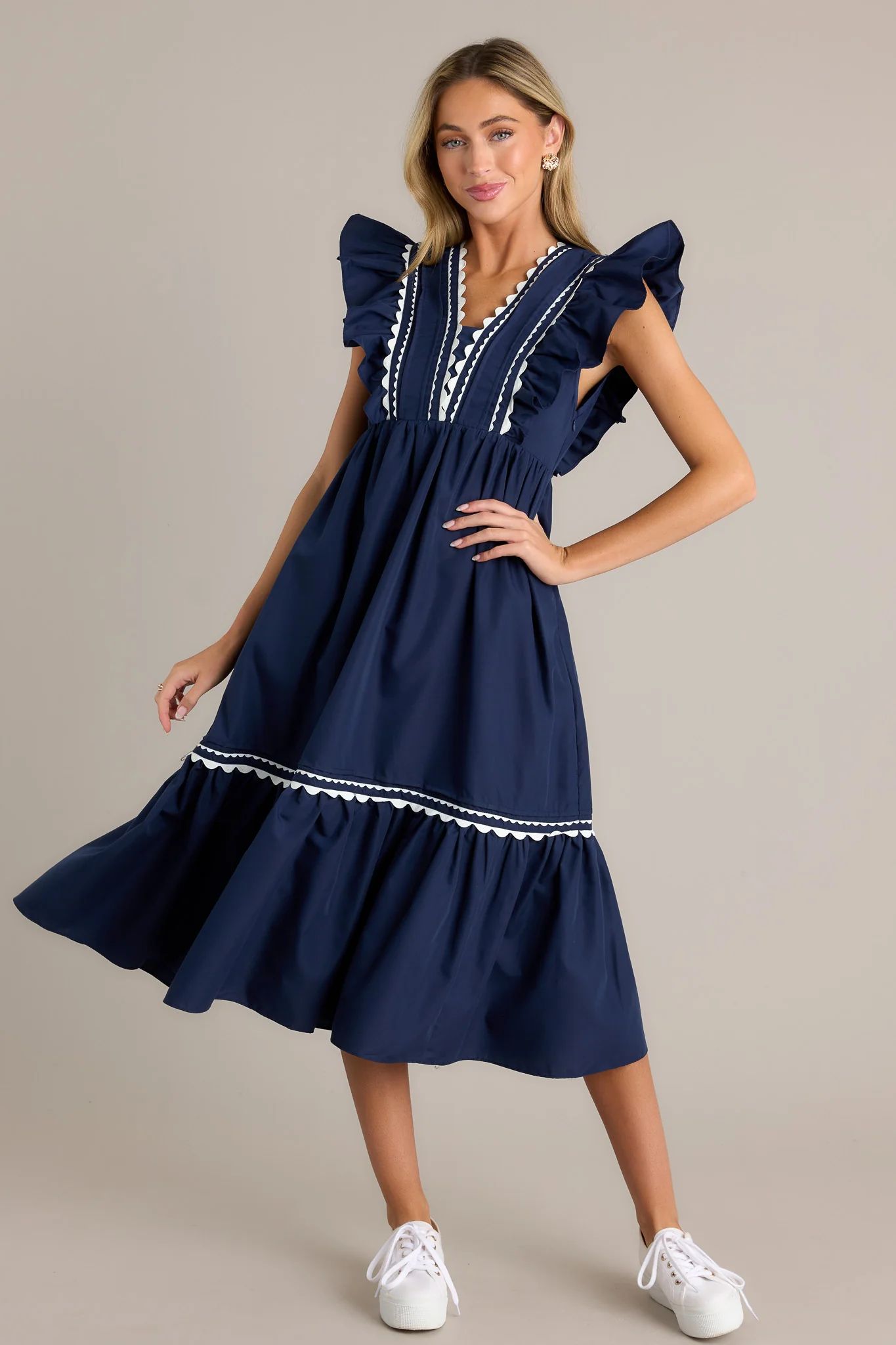 Wishful Thinking Navy Flutter Sleeve Midi Dress | Red Dress