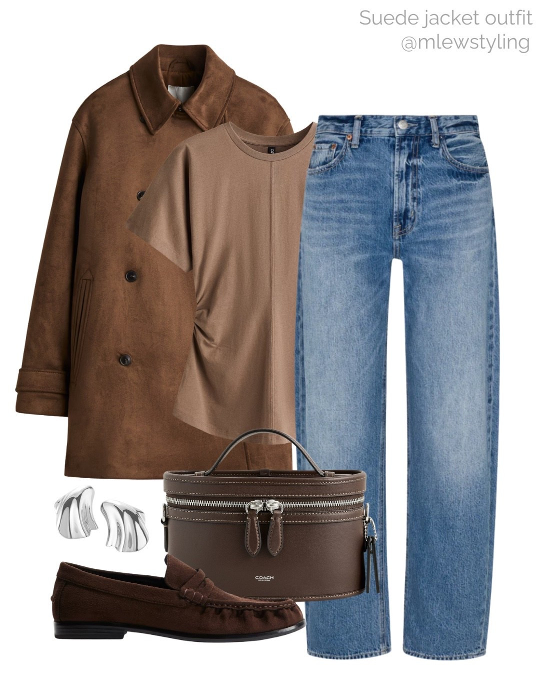 Early fall outfit with a faux suede jacket 🤎🐻

Tags:
Pistola denim, barrel leg jeans, taupe ruched t-shirt, new-in H&M, coach bag, chocolate brown suede loafers, back to school, autumn outfit, capsule wardrobe 

#LTKStyleTip #LTKItBag #LTKShoeCrush