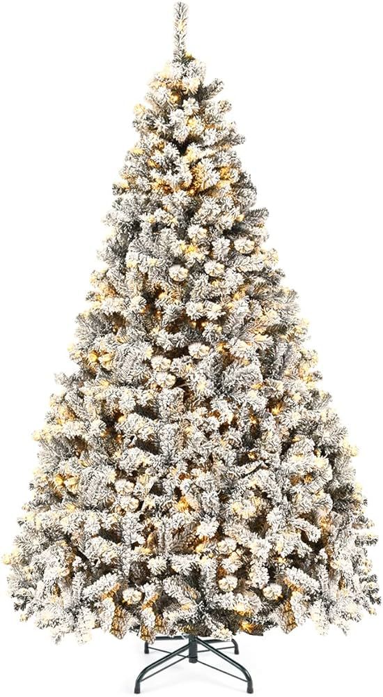 Goplus 9ft Pre-Lit Artificial Christmas Tree, Premium PVC Snow Flocked Hinged Pine Tree with Meta... | Amazon (US)