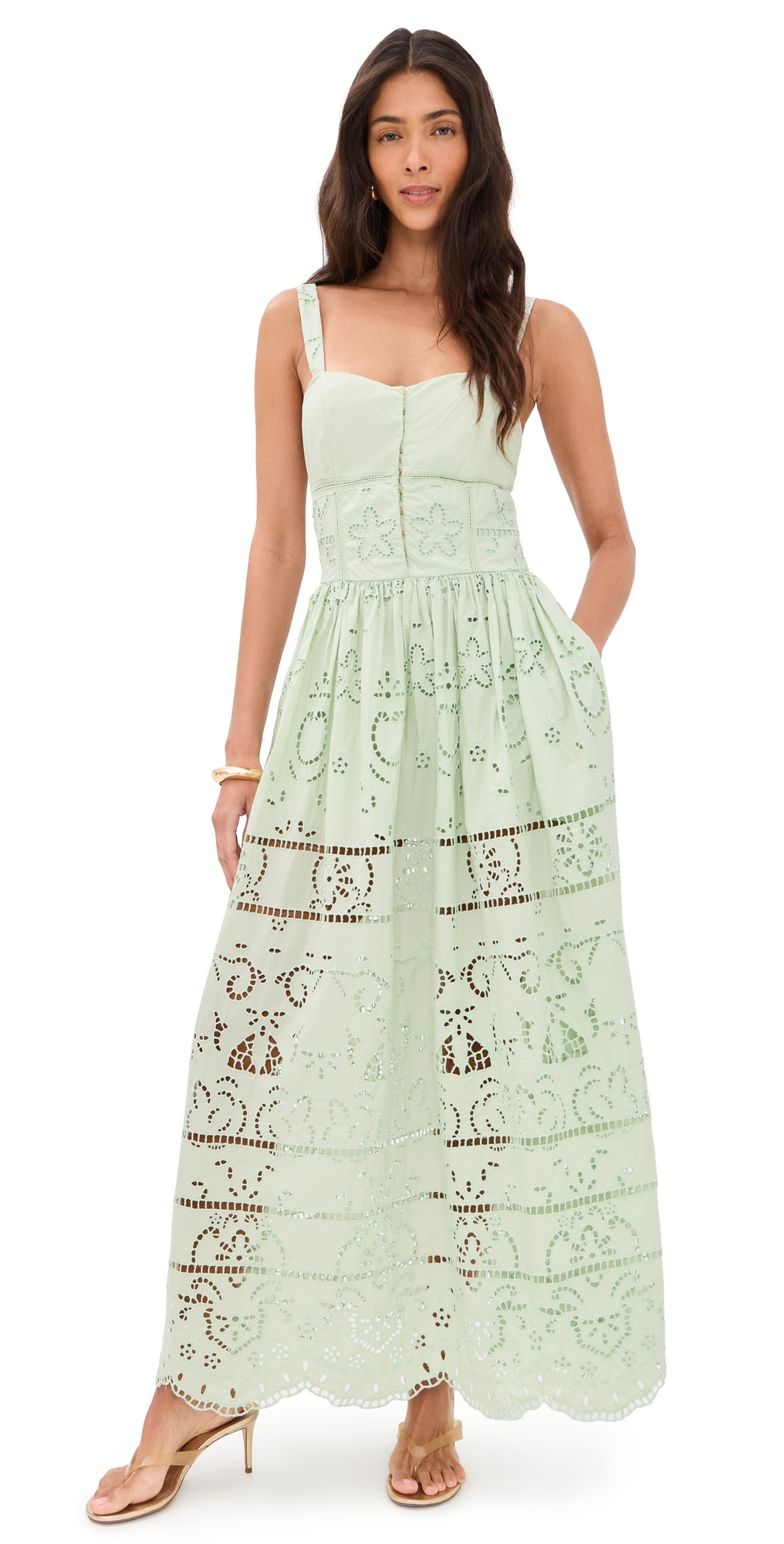 ALICE + OLIVIA Anya Embroidered Soft Sweetheart Midi Dress Light Sage 2 | Shopbop