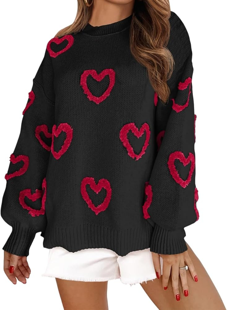 KMBANGI Women Heart Print Sweater Romantic Oversized Knitted Shirt Valentine Love Cute Graphic Lo... | Amazon (US)