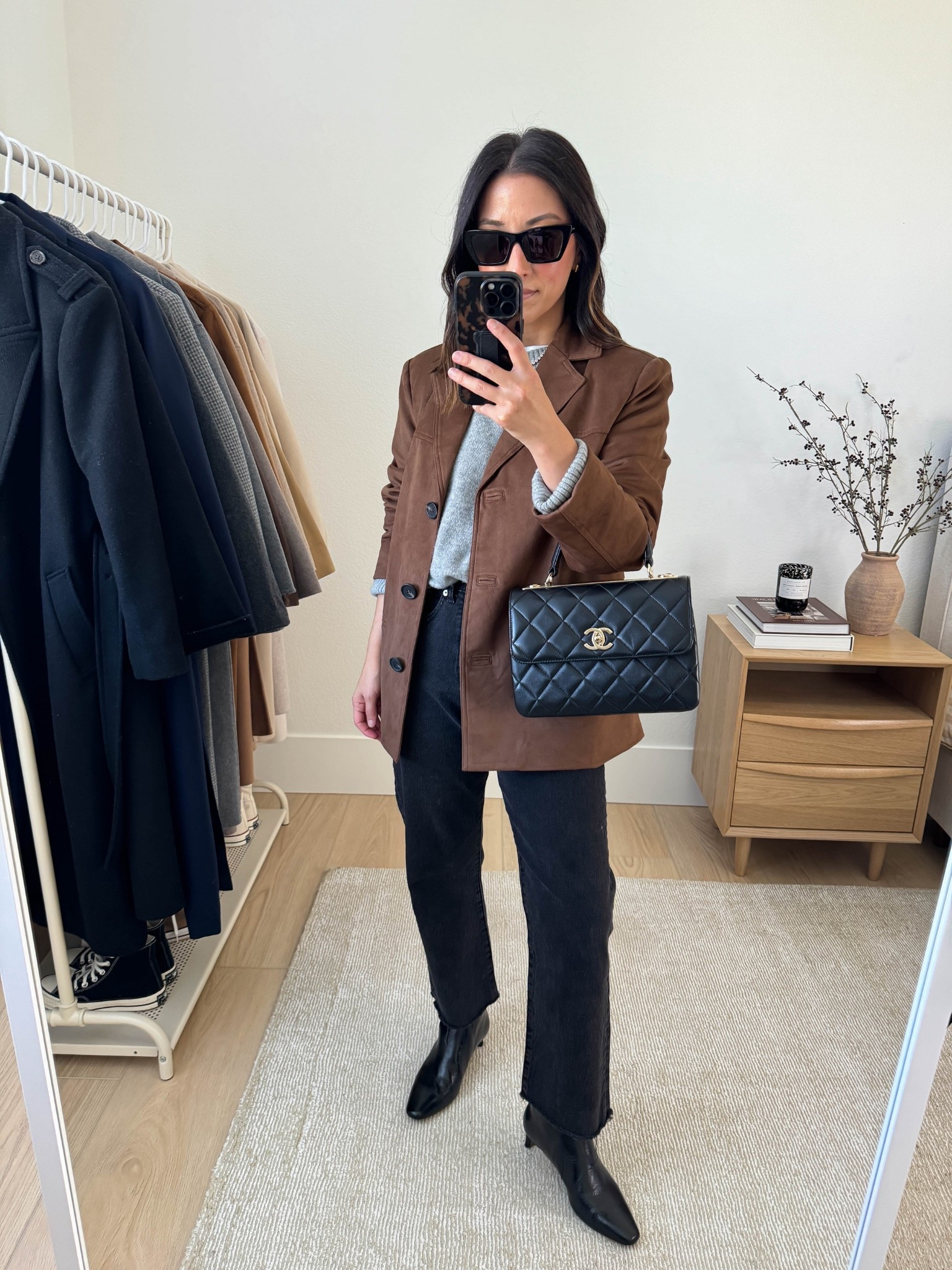 Fall outfits with heeled ankle booties. 

Velvet suede blazer. Great length on petites. Very soft and thin material so comfy to wear, but not structured  

Velvet blazer xs
Everlane tee medium
Everlane cashmere sweater xs
Madewell 90's jeans. 25, cut hems
Madewell Dime booties 5.5
Chanel Trendy CC small
YSL sunglasses
Quince earrings

Fall outfits, fall style, petite style 

#LTKStyleTip #LTKPetite #LTKSeasonal