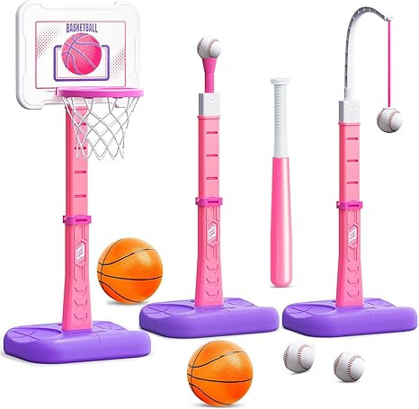 3 in 1 Kids Basketball Hoop and T Ball Set, Adjustable Height Toddler Basketball Hoop, Hanging Te... | Amazon (US)