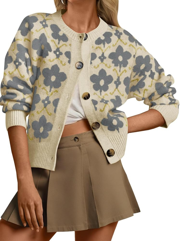 Saodimallsu Womens Floral Cardigan Sweaters Long Sleeve Open Front Button Down Knit Sweater Coat ... | Amazon (US)