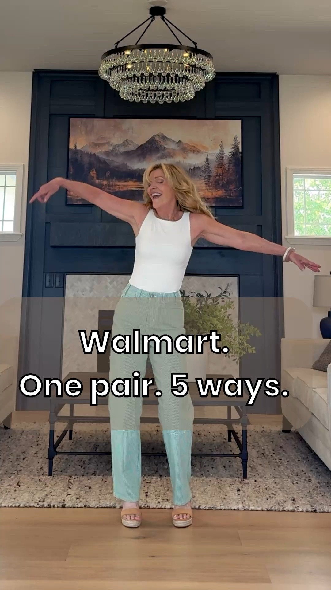 Walmart did it again. These green and white subtle striped carpenter pants are lightweight, comfortable, and surprisingly versatile. Styled 5 easy ways💚

@walmartfavoritefinds 

Button-down shirt is a beautiful yellow blue and white stripe. It was hard to capture the color on the video. My pink cardigan is older, so I have listed alternatives. 
@walmartfavoritefinds