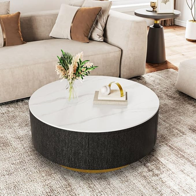 POVISON Modern Round Coffee Table with 2 Drawers, 31'' Drum Sofa Storage Table with Sintered Ston... | Amazon (US)