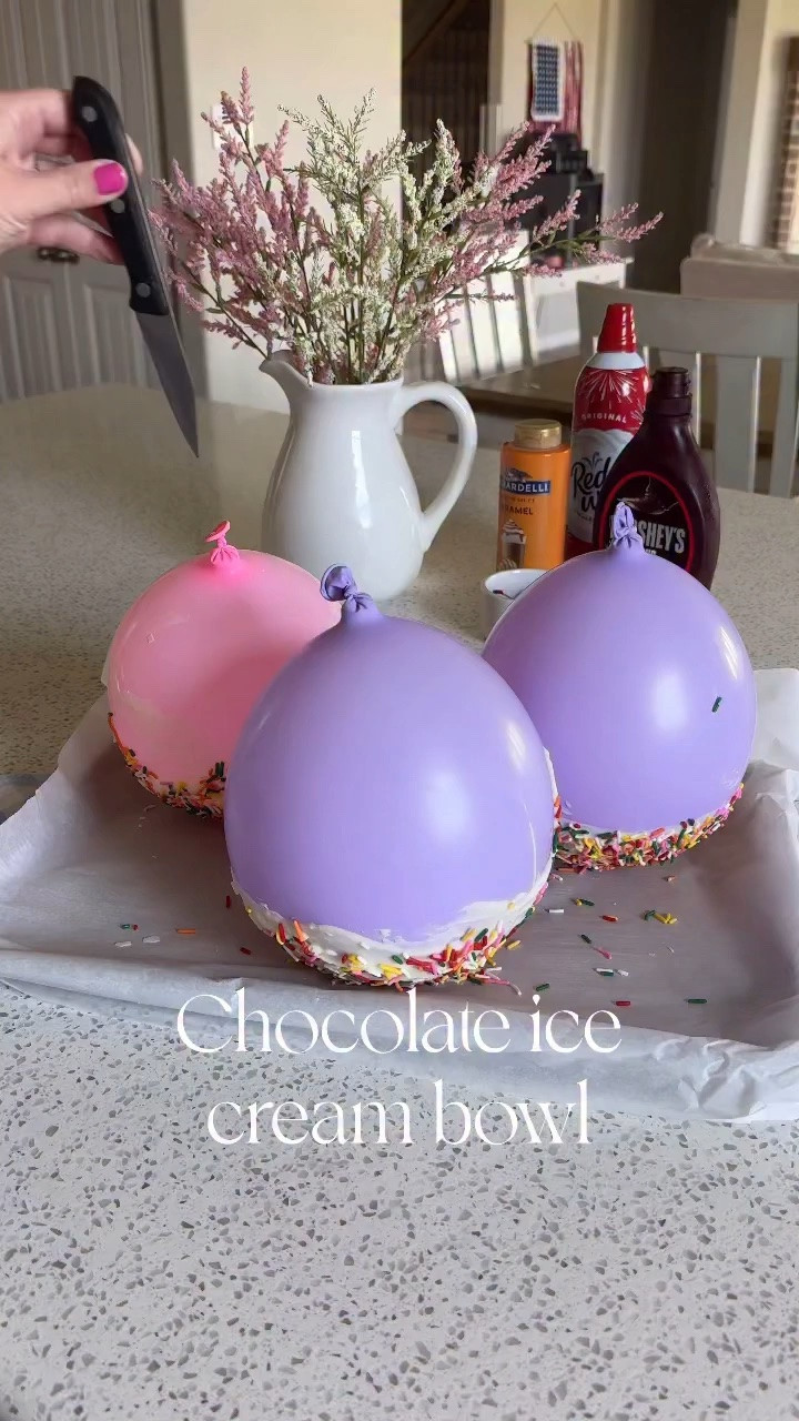 Tomorrow is national ice cream day do of course I had to make these chocolate bowls! 🍦🍨 these are so easy to make. Won’t melt because everyone will eat it quick 🤣


** use latex free balloons, I cleaned the balloons off, make sure you make the chocolate up the balloon far enough and thick enough. Remove the balloon gently. 

#icecream #nationalicecreamday #summertreats #easydesserts #desserttime summer dessert easytreats easy recipes

#LTKmomlife #LTKKids #LTKfoodie