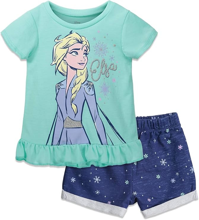 Disney Frozen Moana Princess Tiana Floral Peplum T-Shirt and French Terry Shorts Outfit Set Toddl... | Amazon (US)