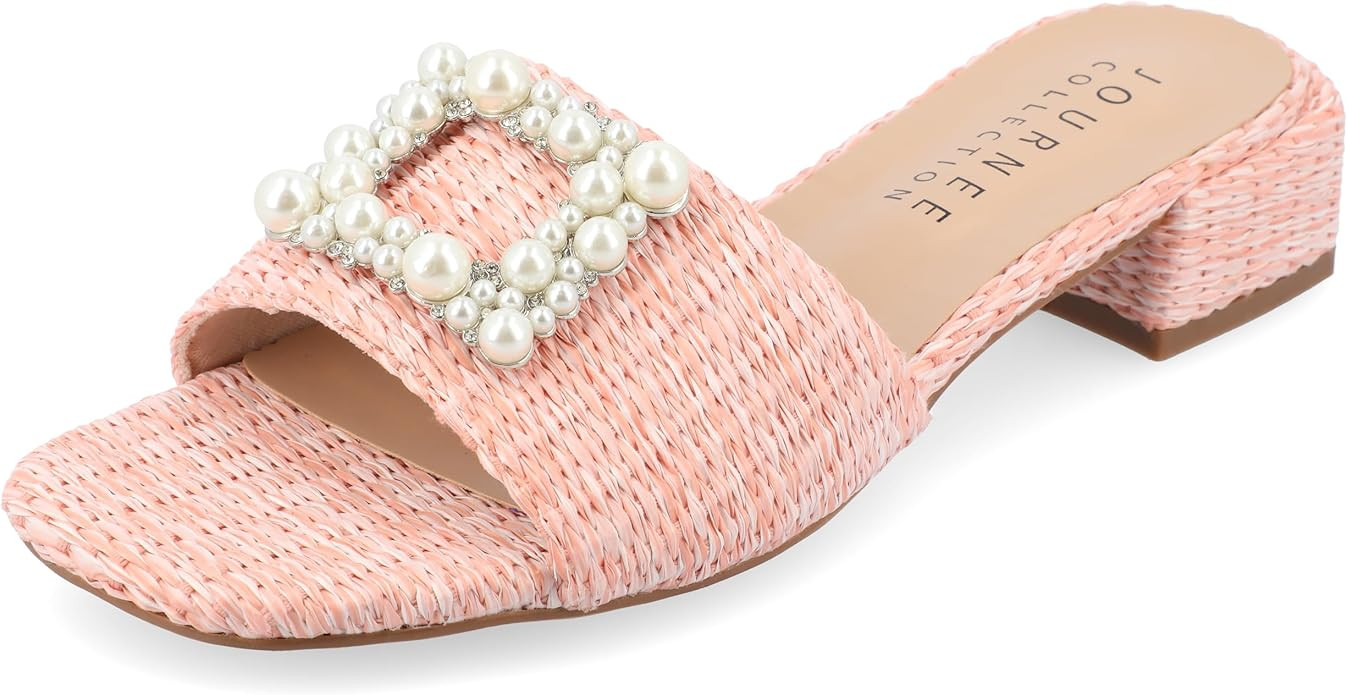 Journee Womens Pearl Raffia Slip On Open Square Toe Outset Block Heel Justina Comfort Foam Flat S... | Amazon (US)
