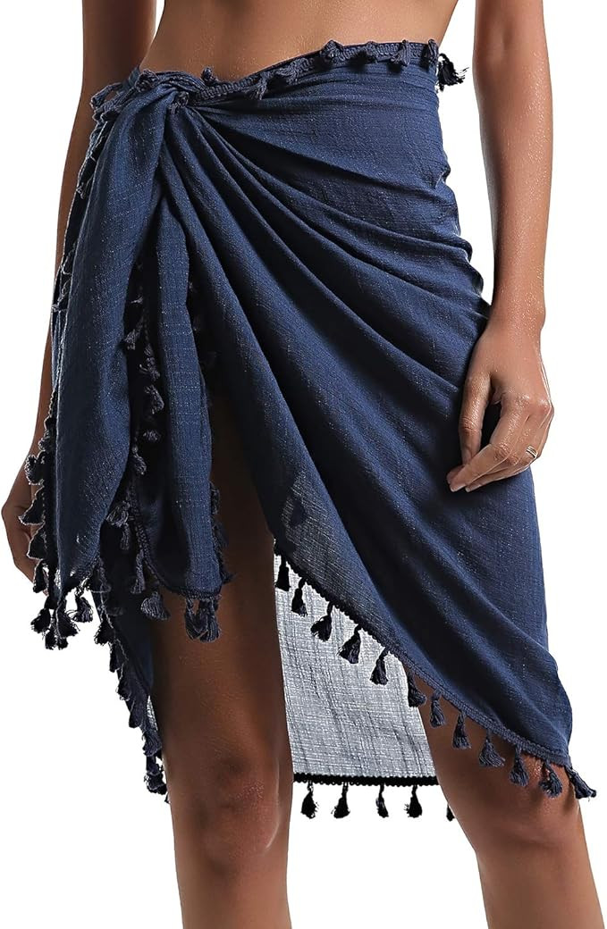 Eicolorte Beach Sarong Pareo Womens Semi-Sheer Swimwear Cover Ups Short Skirt with Tassels | Amazon (US)