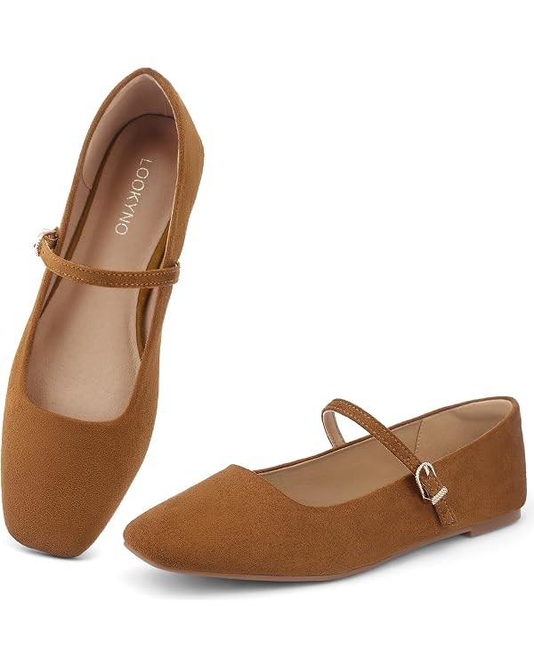 Womens Ballet Mary Jane Flats Shoes Adjustable Strap Square Closed Toe Chic Footwear with Latex I... | Amazon (US)