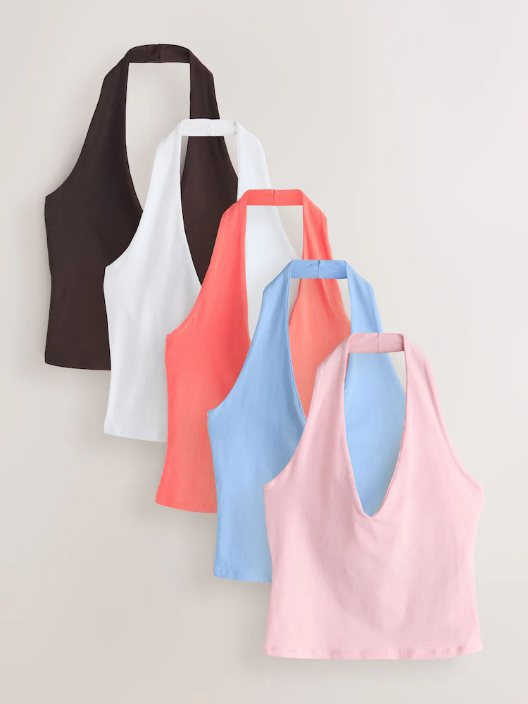 Buy Brown/Pink/Coral/Blue/White Halter Neck Tops 5 Pack from Next Ireland | Next EU