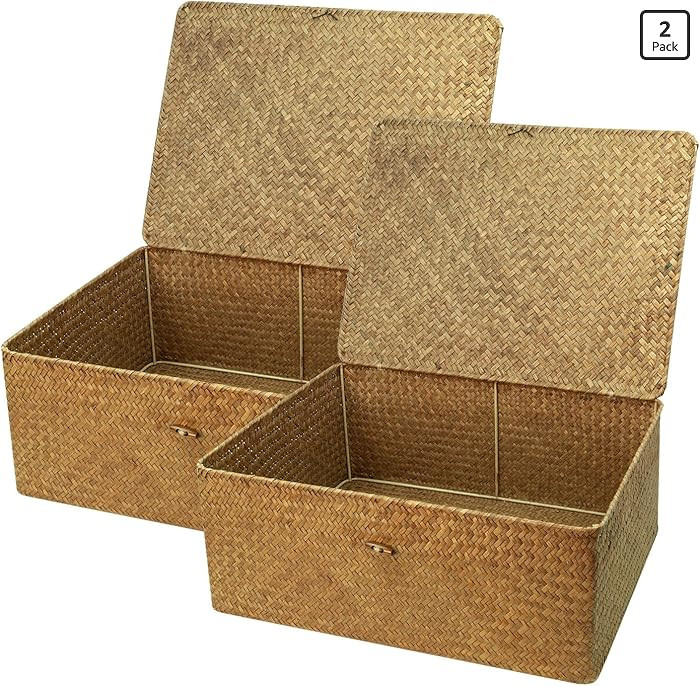 Shelf Storage Baskets with Lid, 2-Pack Wicker Storage Basket, Woven Seagrass Decorative Boxes, Co... | Amazon (US)