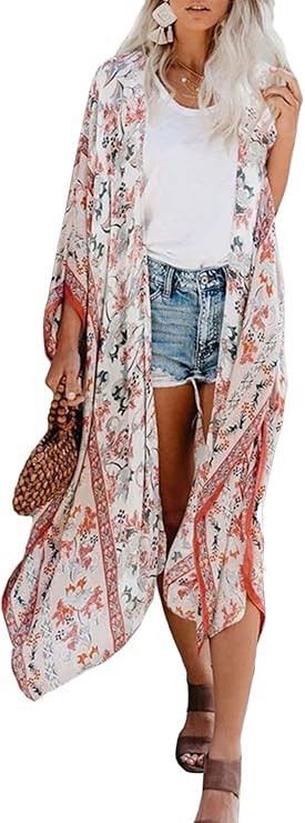 Dokotoo Womens Open Front Printed Loose Style Kimonos Casual Bikini Set Swimwear Cover Up | Amazon (US)