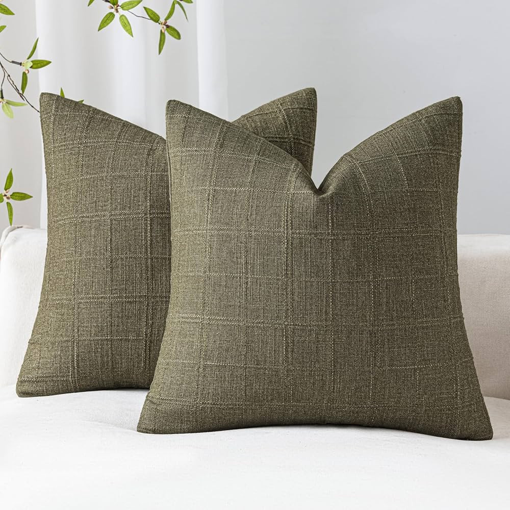 Olive Green Linen Plaid Checkered Throw Pillow Covers 18x18 Set of 2, Neutral Rustic Decorative C... | Amazon (US)