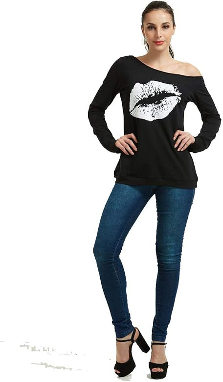 MAGICMK Woman’s Sweatershirt Lips Print Causal Blouse Off The Shoulder Long Sleeve Loose Slouch... | Amazon (US)