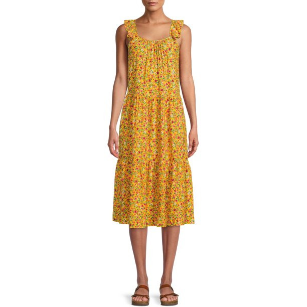 Time and Tru Women's Printed Flutter Sleeve Midi Dress - Walmart.com | Walmart (US)
