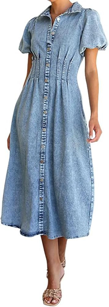 utcoco Women Long Denim Dress Puff Sleeve Button Down Casual Slim Fit Midi Jean Shirt Dress | Amazon (US)