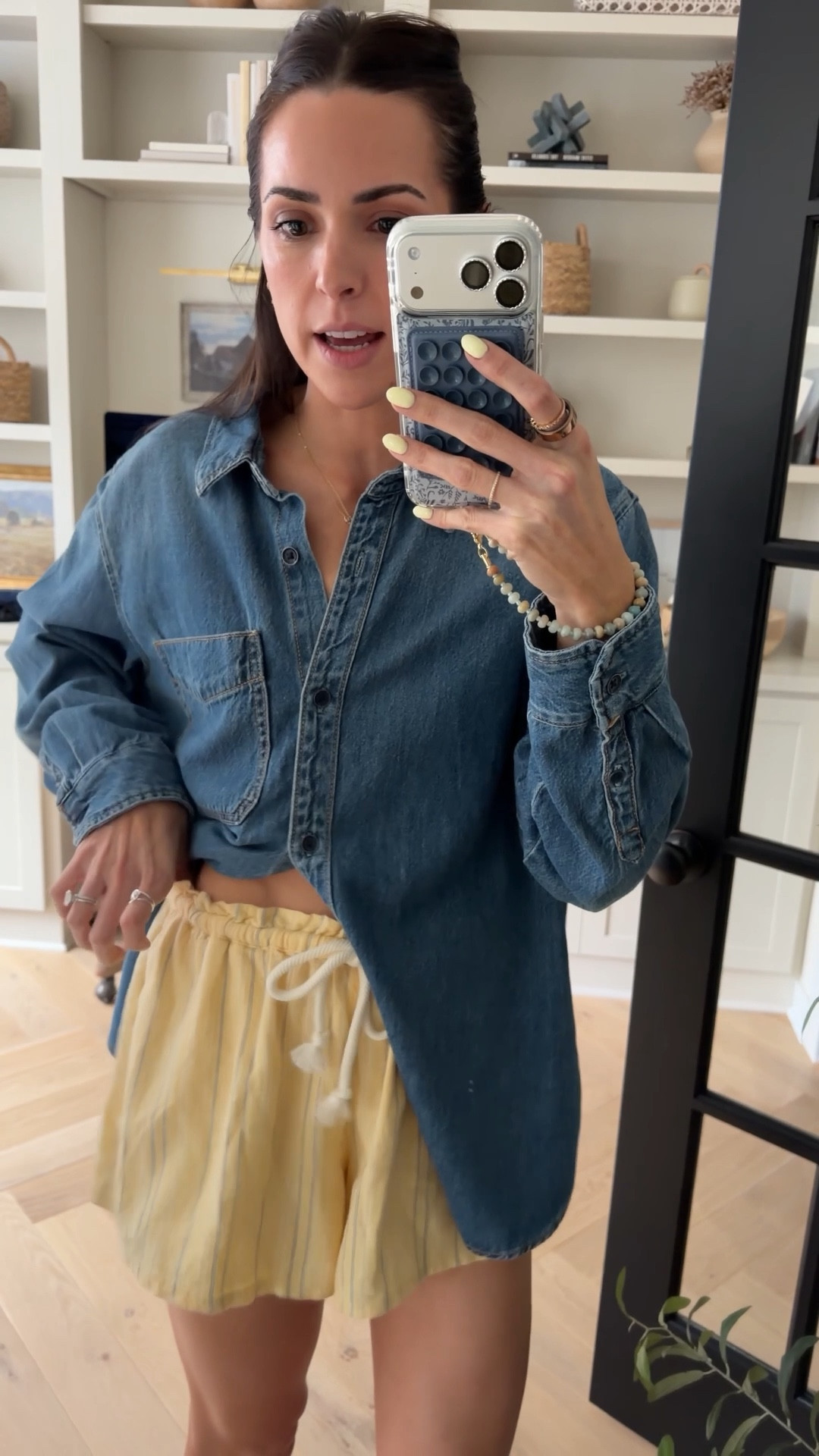 Sized up 2x to a L in denim shirt
Tts S in shorts 

#LTKootd #LTKmomlife #LTKSeasonal