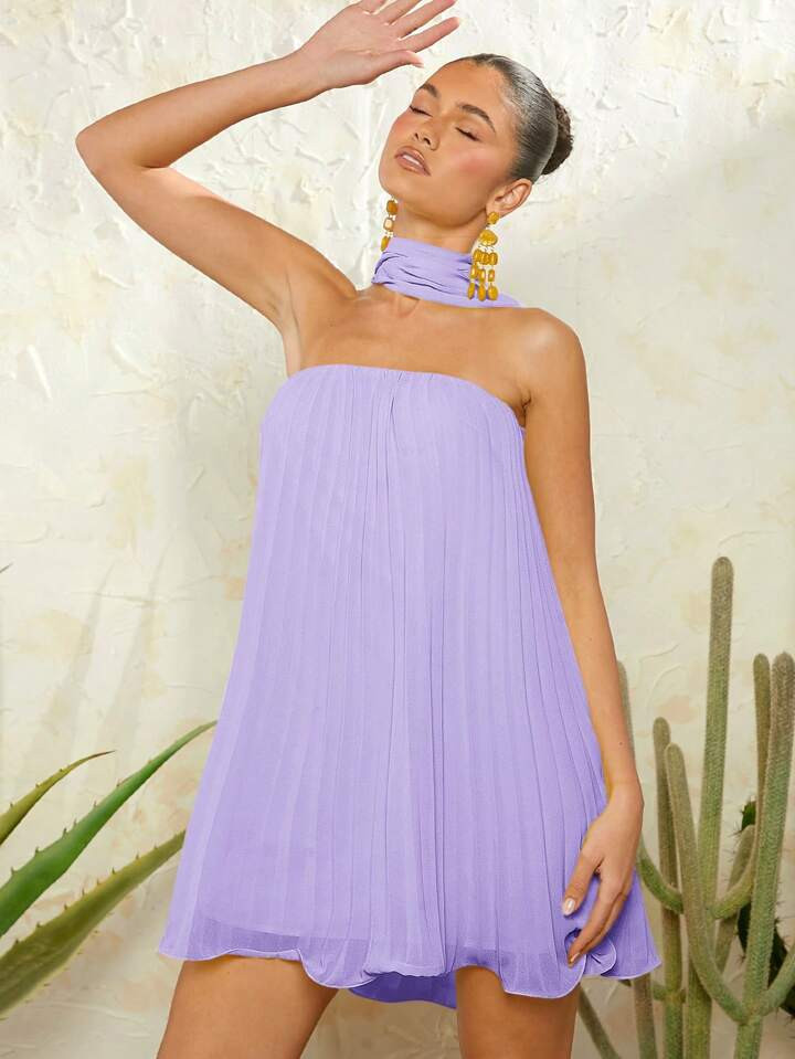 L'Amorae 1pc Women's Elegant Halter Pleated Summer Dress | SHEIN