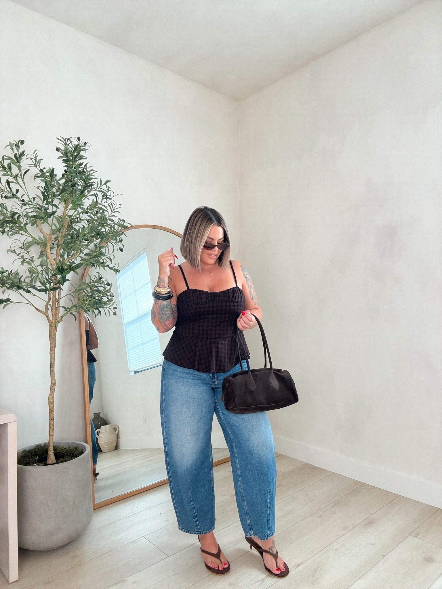 Top L 
Jeans size up and do the long length if you are 5’5 or taller. 
Jeans 14