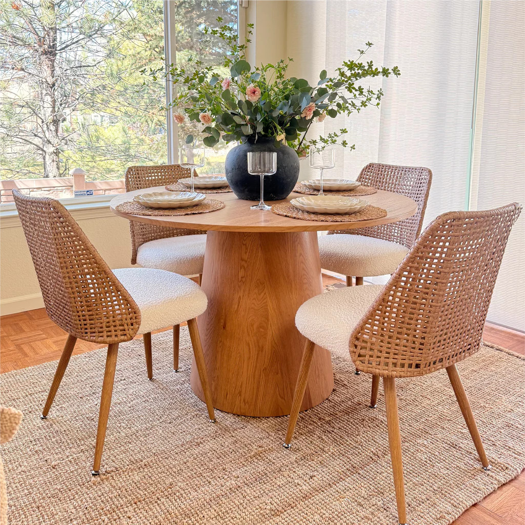 Dwen & Nice 46" Round Rattan & Beige Dining Set for 4 (5-Piece) | Pop Maison