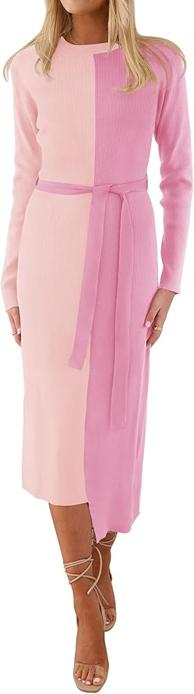 ZESICA Women's 2024 Fall Ribbed Knit Sweater Dress Elegant Long Sleeve Crewneck Tie Waist Slim Fi... | Amazon (US)