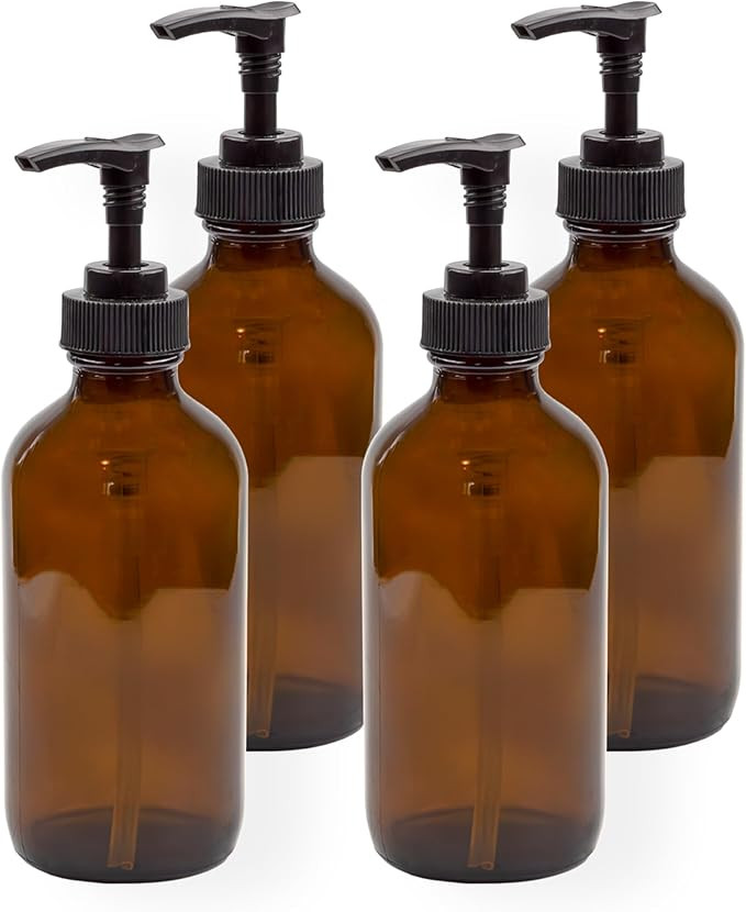 Cornucopia 8oz Glass Pump Bottles (4-Pack, Amber Brown), Lotion Soap Dispensers w/Black Plastic P... | Amazon (US)