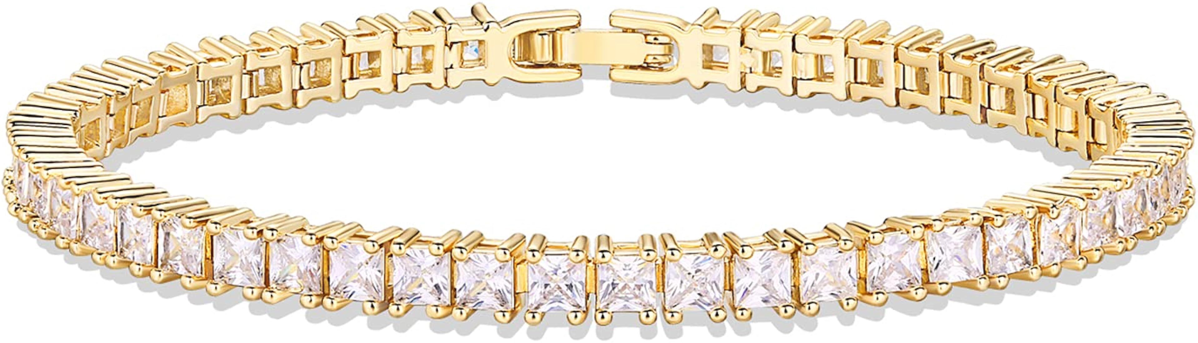 14k Gold Plated Princess Cut Cubic Zirconia Tennis Bracelet, Holiday Gift Ideas | Amazon (US)