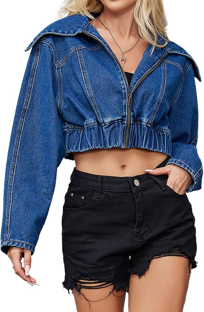 Women's Denim Jacket Long Sleeve Lapel Zip Up Cropped Drop Shoulder Flap Coat Jean Jacket Top | Amazon (US)