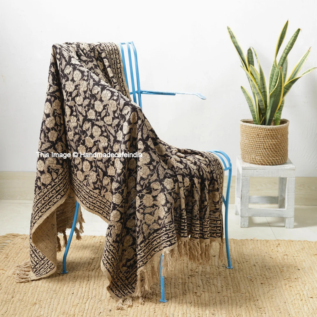 Indian Handmade Throw Blanket Bohemian Cloth Bed cover with Tassels Hand-Loomed Block Print Cotto... | Etsy (US)