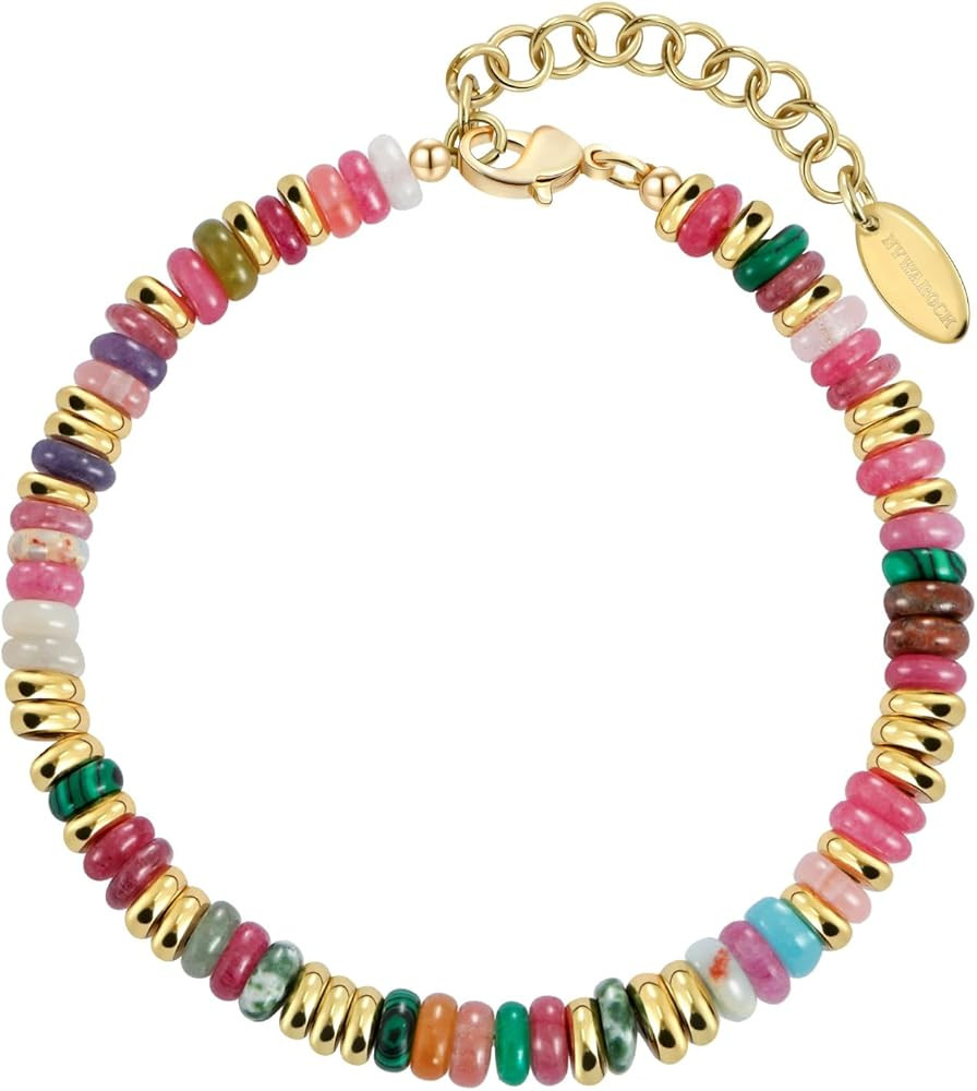 Beaded Bracelet for Women and Girl, Colorful Beach Boho Gems Bracelet 14K Gold Plated Stackable H... | Amazon (US)