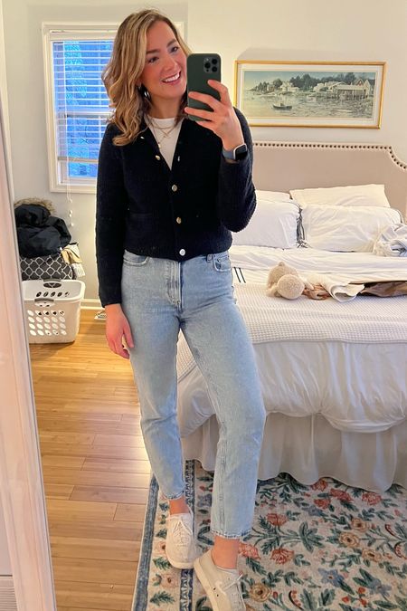 Easy and effortless everyday outfit idea. I loveee this collarless navy blue cardigan. Incredibly soft and elevates any look. These jeans are my favorite! Wearing a size 28L! 

#LTKstyletip