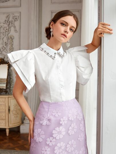 SHEIN Rhinestone Beaded Exaggerate Layered Sleeve Blouse | SHEIN