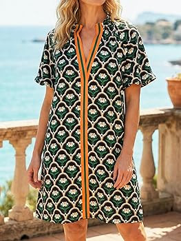 Wenrine Womens Summer Dresses Casual Floral Puff Sleeve V Neck Boho Loose Beach Mini Dress with P... | Amazon (US)