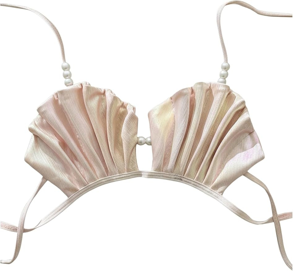 WDIRARA Women's Seashell Pleated Halter String Bikini Top Pearls Tie Backless Swim Tops | Amazon (US)