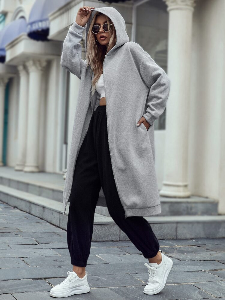 Drop Shoulder Hidden Pocket Zipper Longline Hoodie | SHEIN