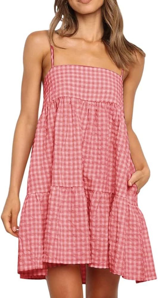 Womens Plaid A-line Dresses Shoulder Straps Ruffle Hem Casual Mini Dress with Side Pocket | Amazon (US)