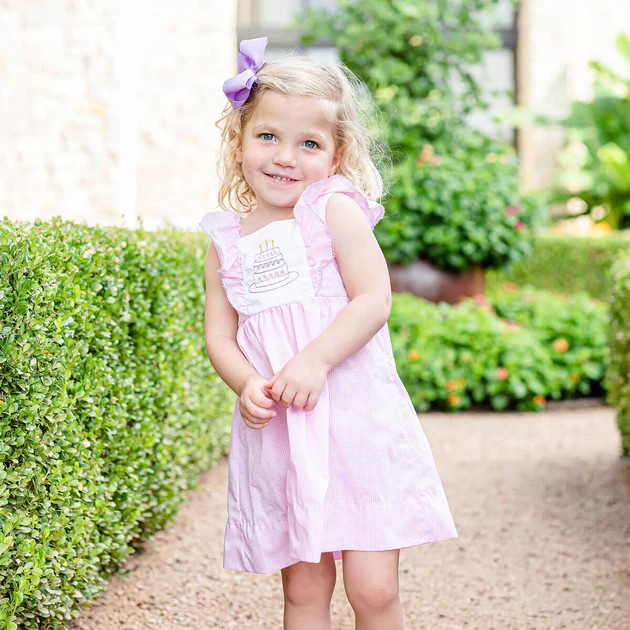 Birthday Cake Embroidered Waterfall Dress Light Pink Gingham | Classic Whimsy