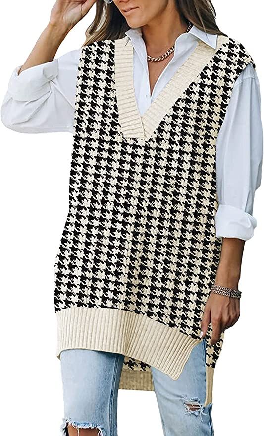 Viottiset Women's Oversized V Neck Houndstooth Knit Sweater Vest Sleeveless Tunic Top Apricot Lar... | Amazon (US)