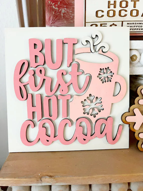 But first hot chocolate sign, tiered tray Christmas theme, pink Christmas, blush Christmas | Etsy (US)