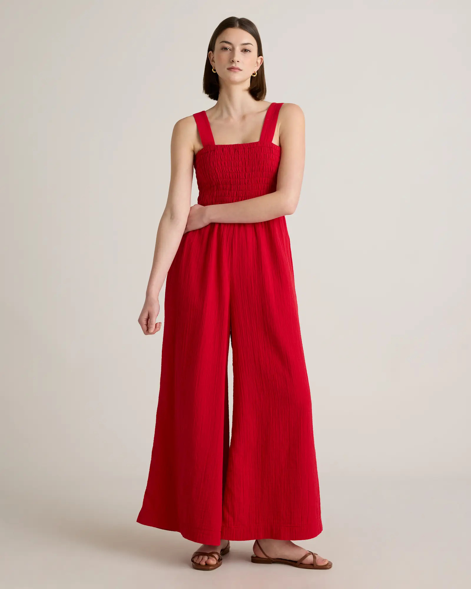 100% Organic Cotton Gauze Smocked Wide Leg Jumpsuit in Wild Cherry | Quince