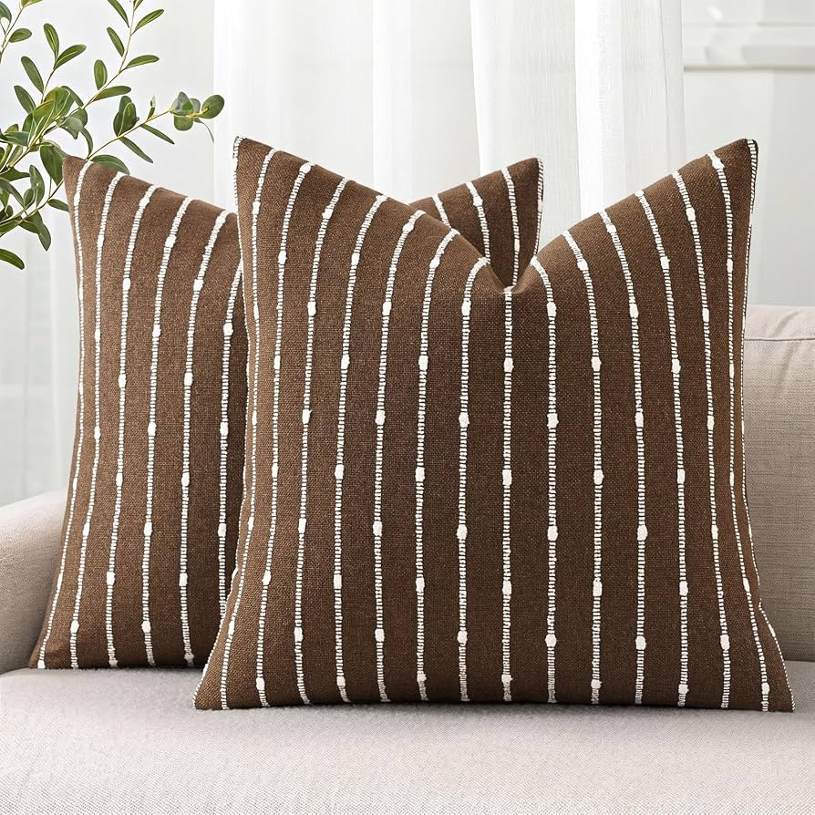 decorUhome Striped Decorative Throw Pillow Covers 18x18 Set of 2, Brown | Amazon (US)