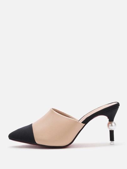 Apricot Contrast Point Toe PU Heeled Slippers | SHEIN